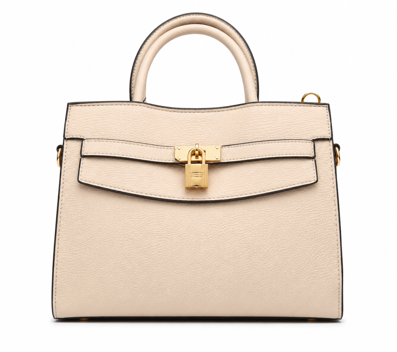 Cream pebbled structured top-handle bag with a gold padlock and gold side rings, from The Lamorah Dubai