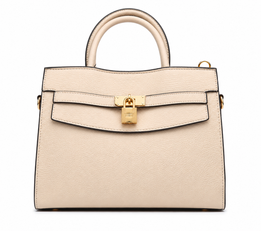 Cream pebbled structured top-handle bag with a gold padlock and gold side rings, from The Lamorah Dubai