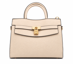 Cream pebbled structured top-handle bag with a gold padlock and gold side rings, from The Lamorah Dubai