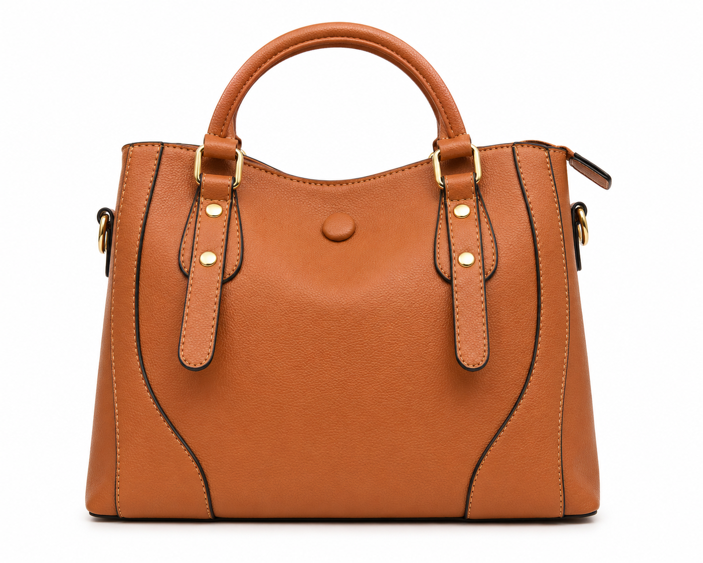 Cognac pebbled soft shoulder satchel with gold buckle handle straps and a gathered top, from The Lamorah Dubai