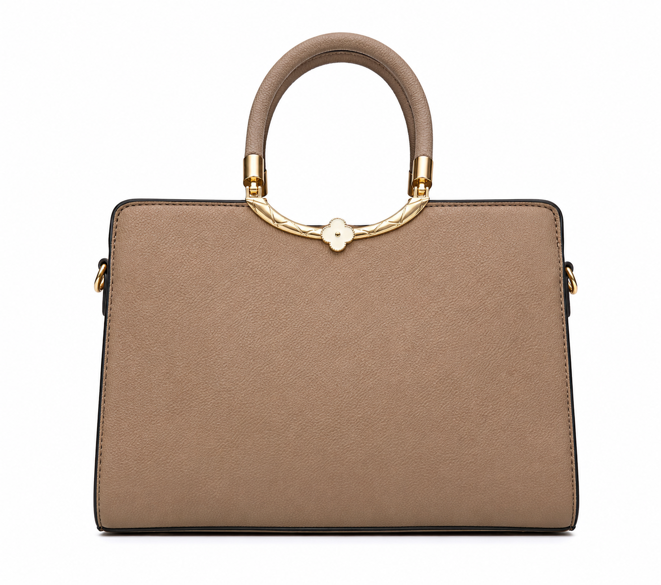 Taupe suede-look frame bag with a gold arc handle mount and a cream four-petal clover medallion, from The Lamorah Dubai