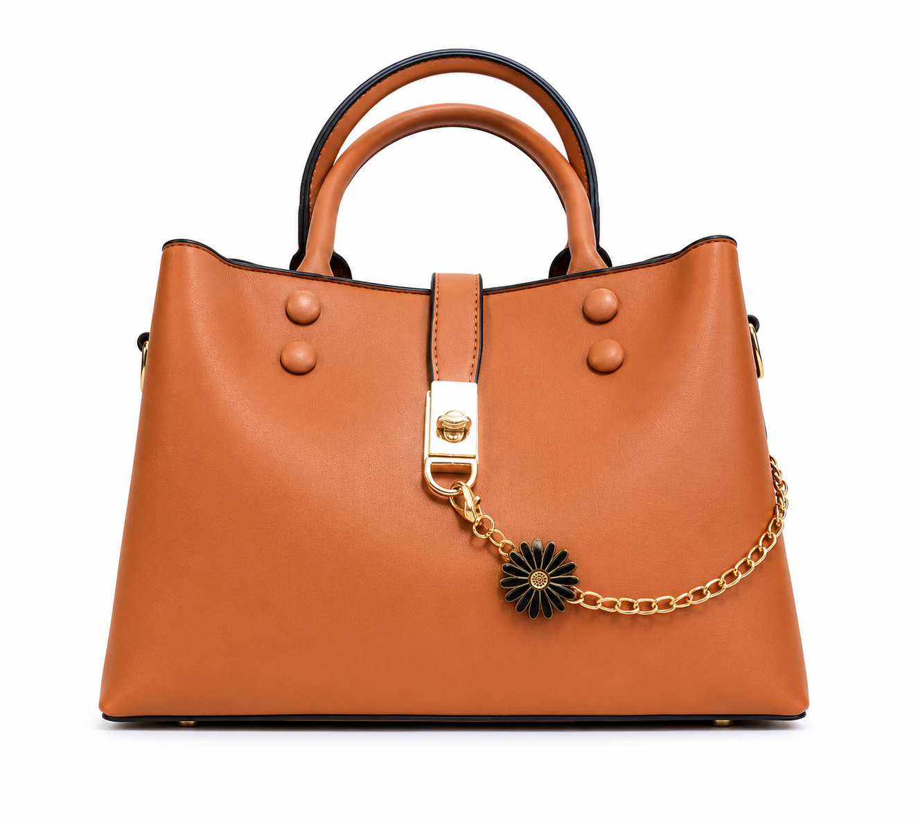 Caramel smooth leather shoulder tote with a gold chain and black daisy charm across the front, from The Lamorah Dubai