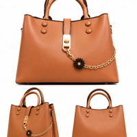 Caramel shoulder tote shown from the front, at an angle and from the back, showing the gold chain and leather ball studs
