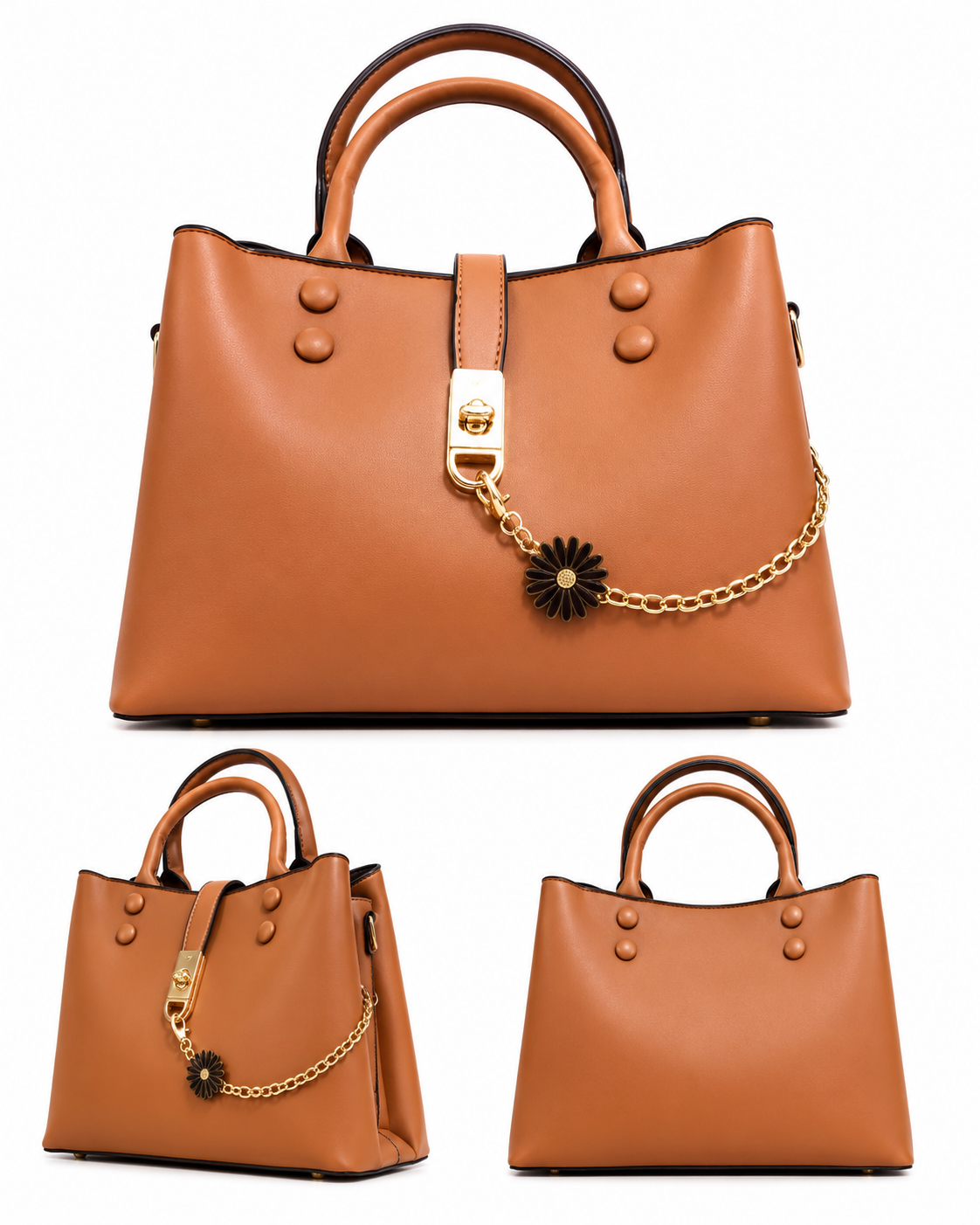 Caramel shoulder tote shown from the front, at an angle and from the back, showing the gold chain and leather ball studs