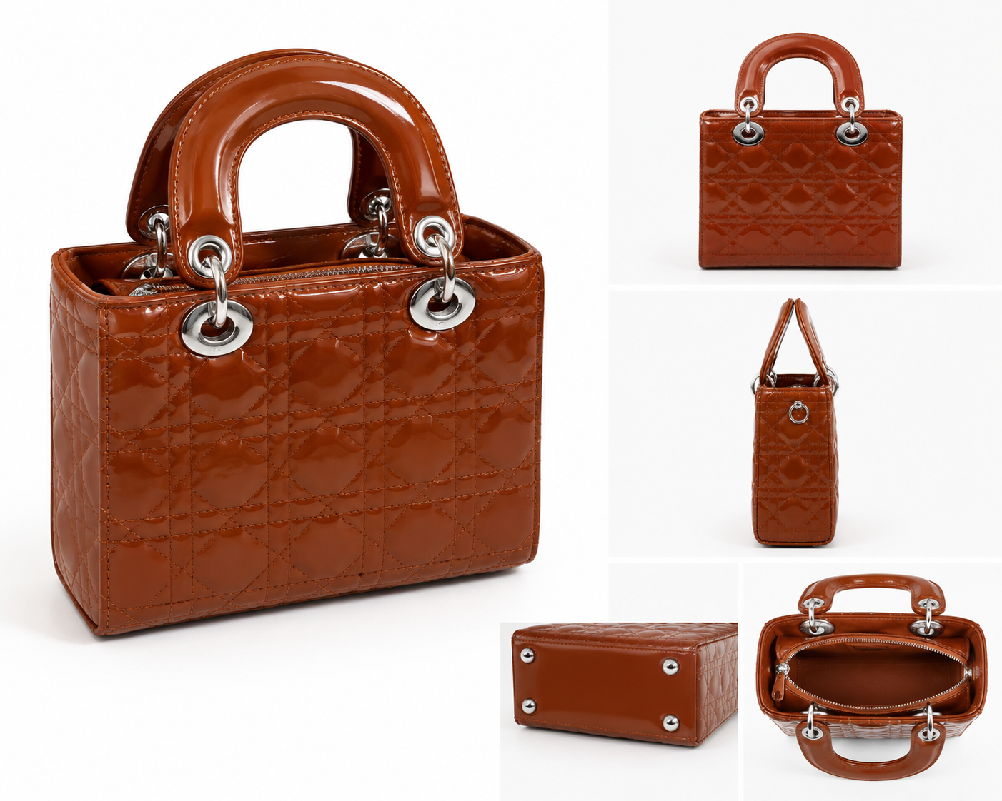 Cognac patent diamond-quilted top-handle bag with silver rings and a zip top, shown from several angles, from The Lamorah Dubai