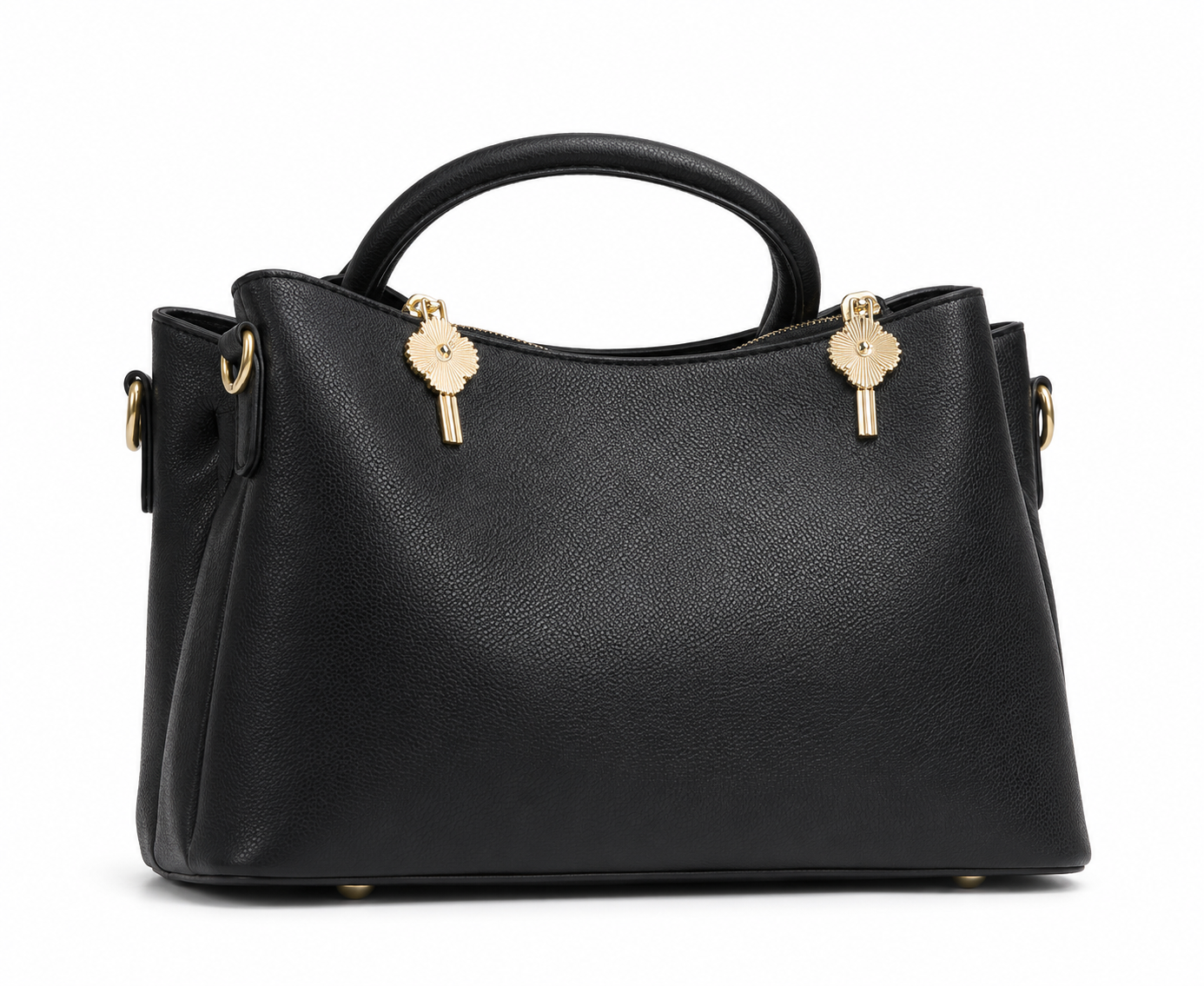 Black pebbled leather satchel with winged sides, two rolled top handles and twin gold sunburst zip pulls, from The Lamorah Dubai