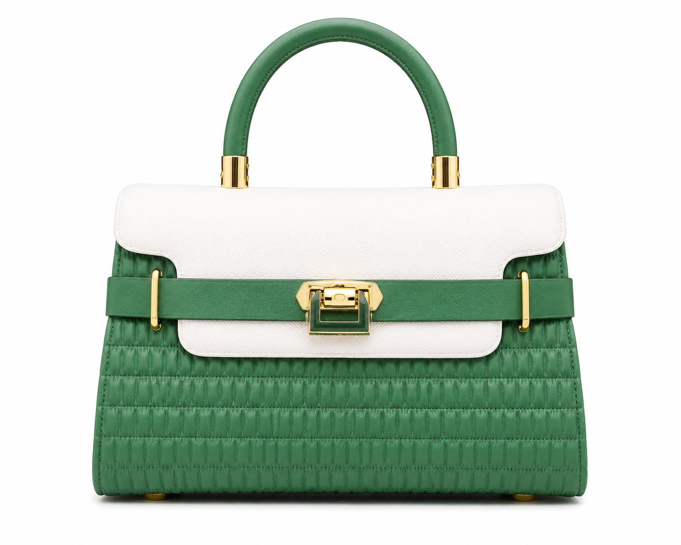 Green pleated top-handle bag with a cream flap, green belt and gold twist lock, from The Lamorah Dubai