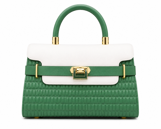 Green pleated top-handle bag with a cream flap, green belt and gold twist lock, from The Lamorah Dubai