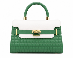 Green pleated top-handle bag with a cream flap, green belt and gold twist lock, from The Lamorah Dubai