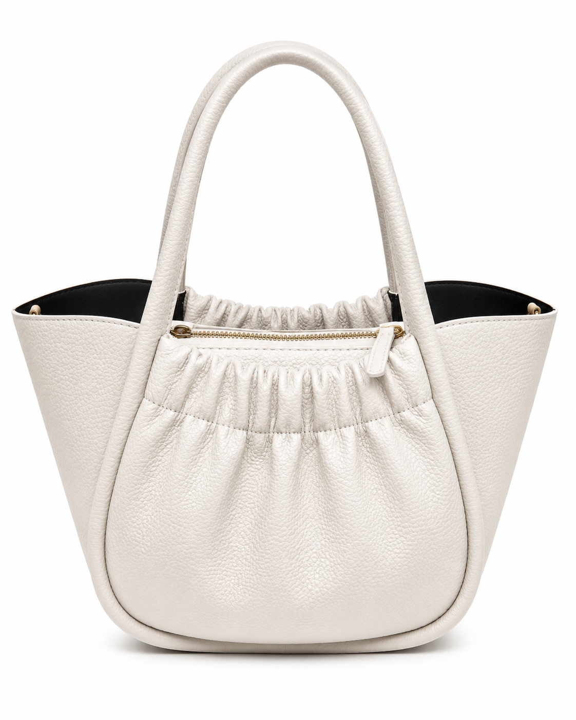 Chalk white pebbled leather bucket tote with a gathered front panel, gold zip and black lining, from The Lamorah Dubai