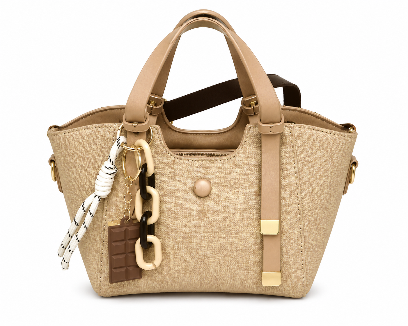 Sand woven canvas winged tote with tan leather handles, a long brown crossbody strap and a chocolate bar charm, from The Lamorah Dubai