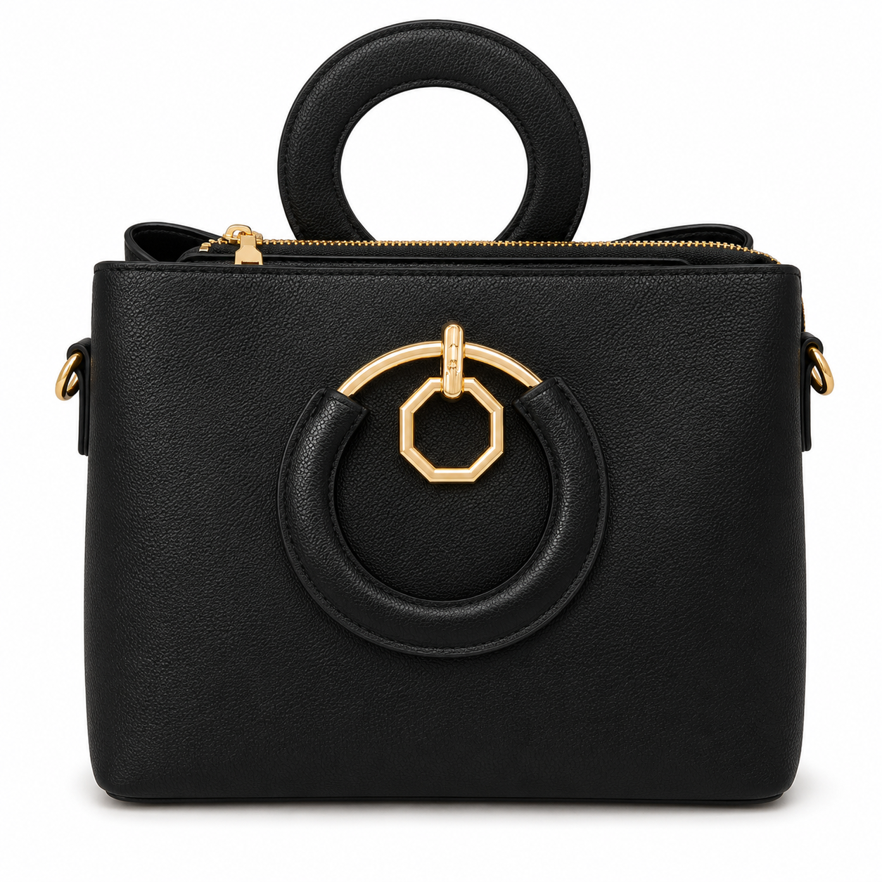 Black pebbled leather tote with a round padded ring handle and a hanging gold octagon ring, from The Lamorah Dubai
