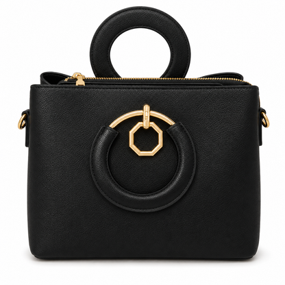 Black pebbled leather tote with a round padded ring handle and a hanging gold octagon ring, from The Lamorah Dubai