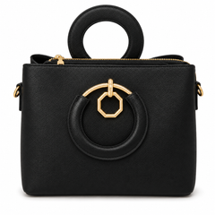 Black pebbled leather tote with a round padded ring handle and a hanging gold octagon ring, from The Lamorah Dubai