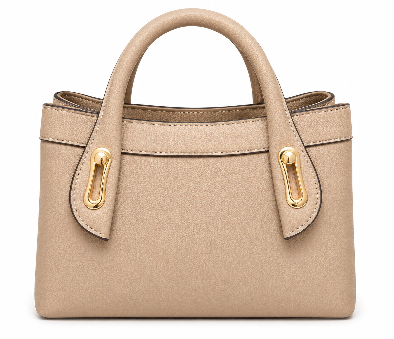 Taupe pebbled mini tote with a belt band across the front and two gold keyhole plates on the handle tabs, from The Lamorah Dubai