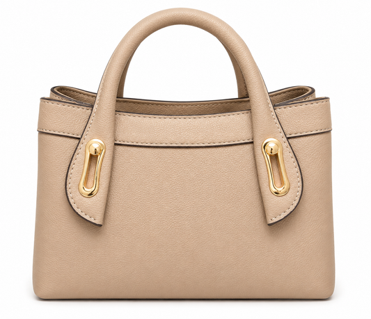 Taupe pebbled mini tote with a belt band across the front and two gold keyhole plates on the handle tabs, from The Lamorah Dubai