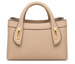 Taupe pebbled mini tote with a belt band across the front and two gold keyhole plates on the handle tabs, from The Lamorah Dubai