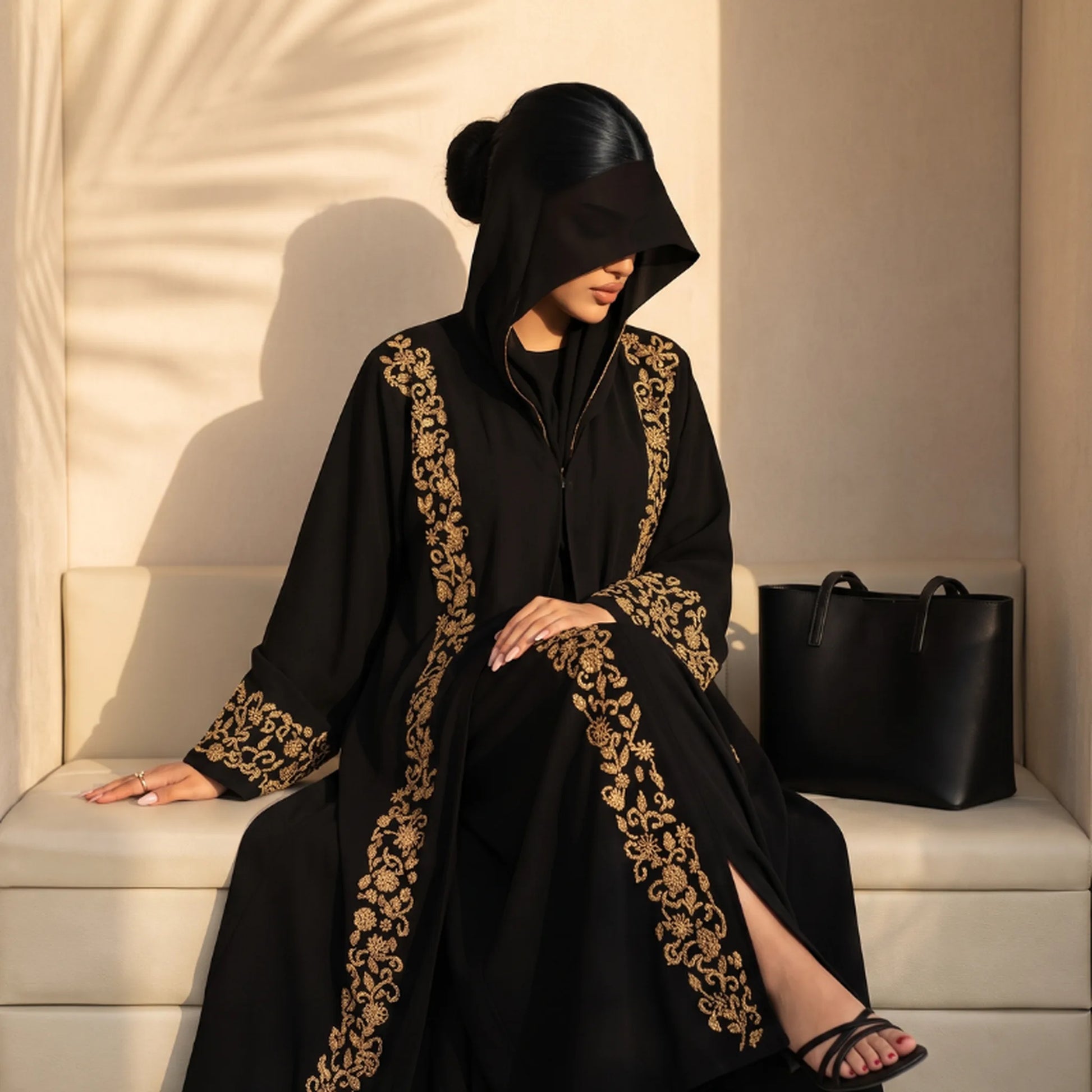 Black hooded abaya with antique gold scrolling embroidery down the front panels and cuffs, worn seated