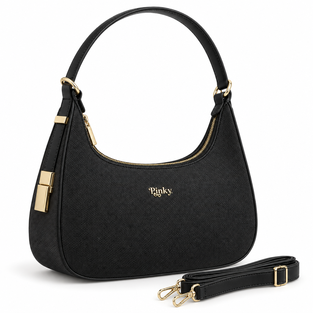 Woven Shoulder Bag with Gold Hardware, Black