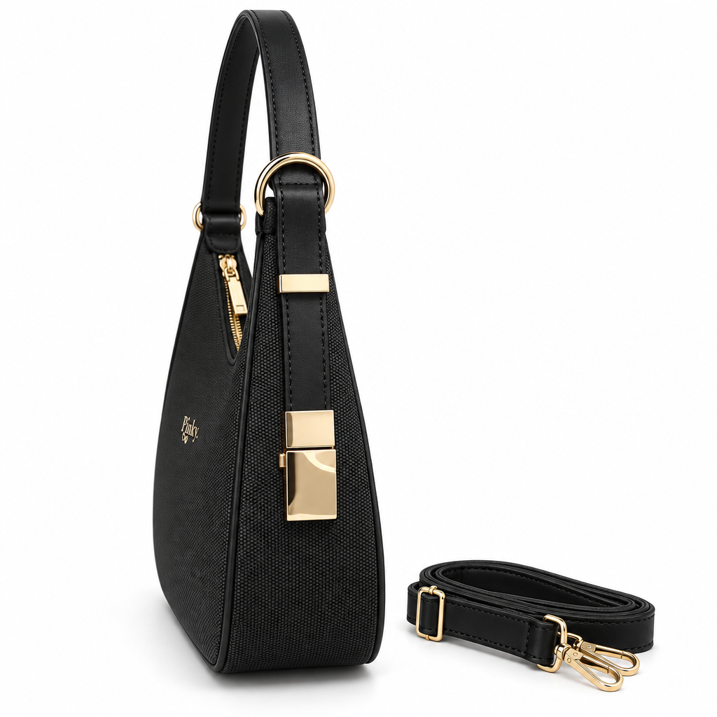 Woven Shoulder Bag with Gold Hardware, Black