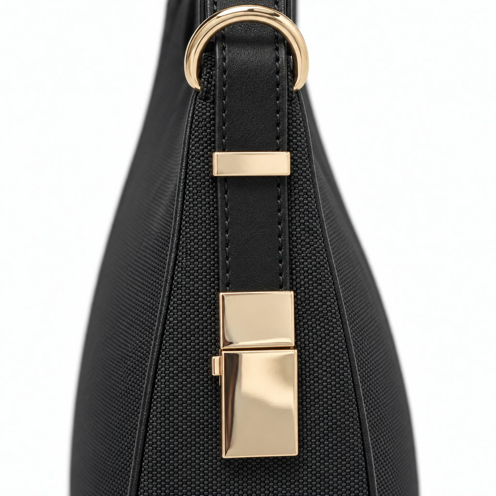 Woven Shoulder Bag with Gold Hardware, Black