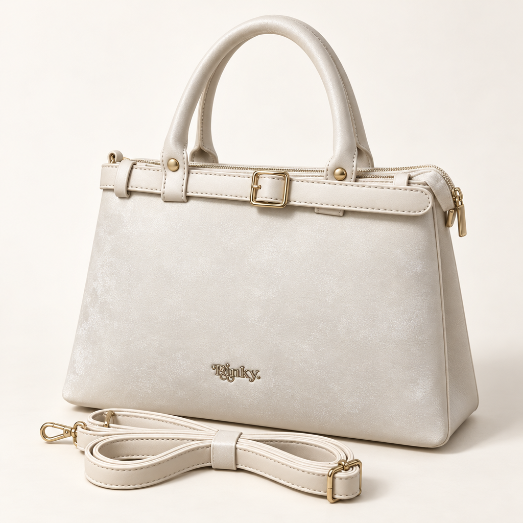 Buckle-Detail Top-Handle Bag, Ivory