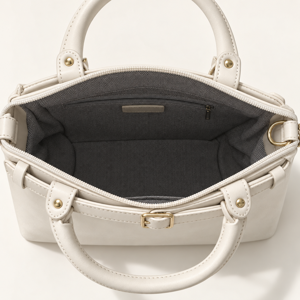 Buckle-Detail Top-Handle Bag, Ivory