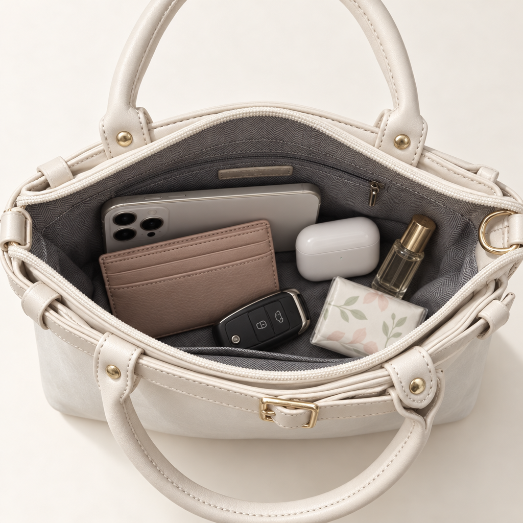 Buckle-Detail Top-Handle Bag, Ivory