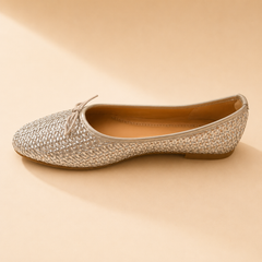 Champagne woven ballet flat with a soft bow at the toe and a low heel, from The Lamorah Dubai
