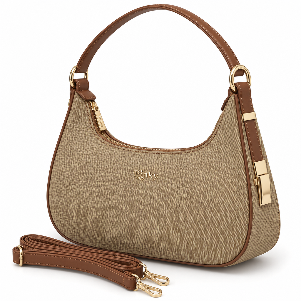 Woven Shoulder Bag with Brown Trim, Tan