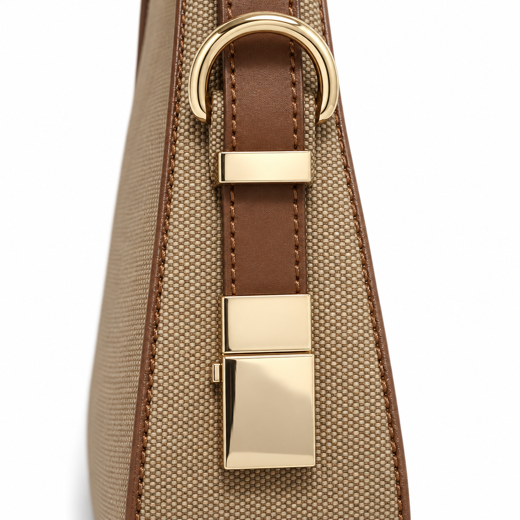 Woven Shoulder Bag with Brown Trim, Tan