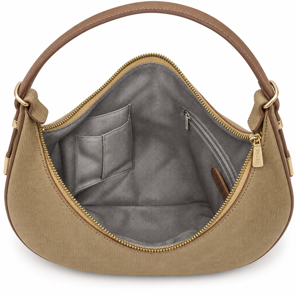 Woven Shoulder Bag with Brown Trim, Tan