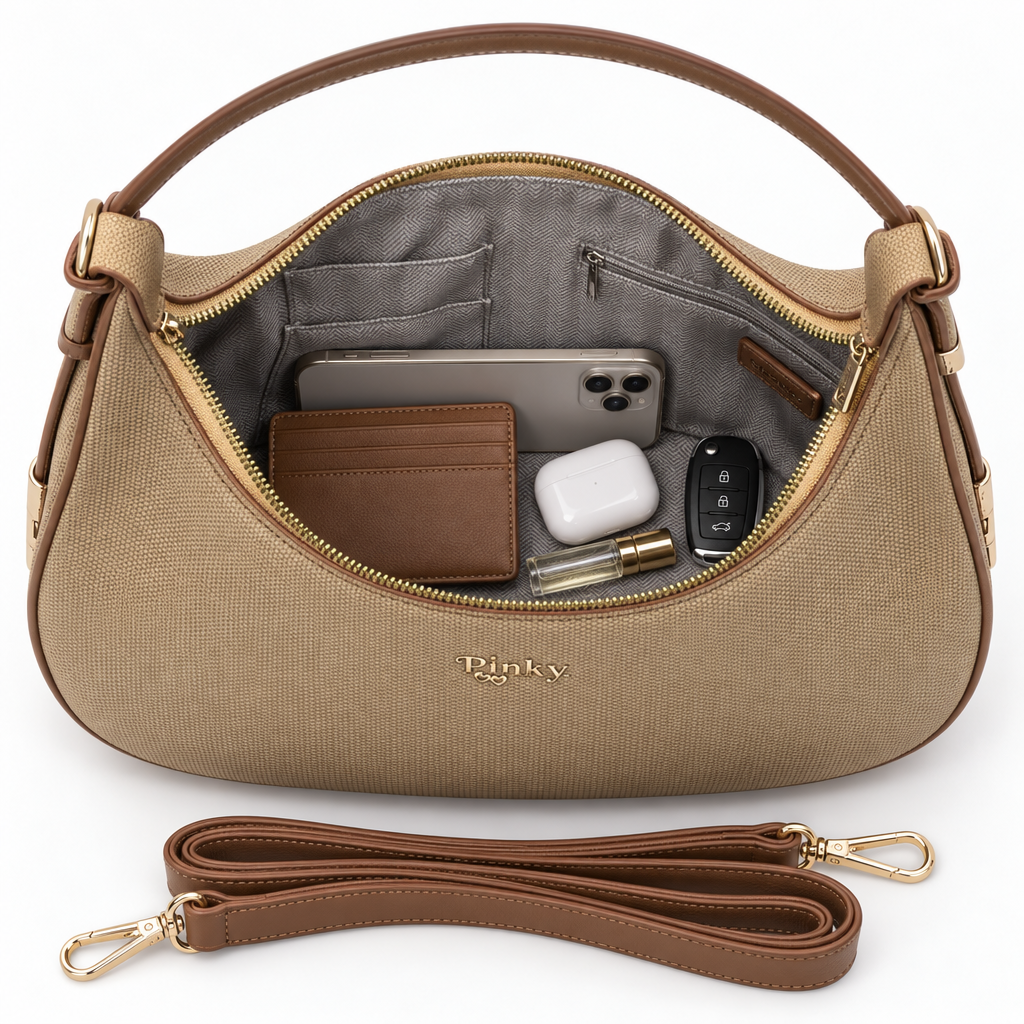 Woven Shoulder Bag with Brown Trim, Tan