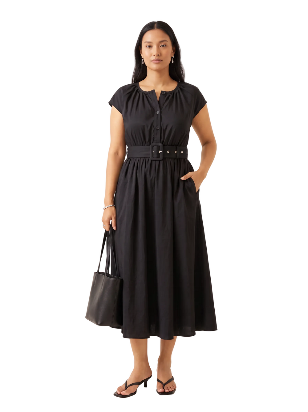 Belted Gathered Midi Dress, Black