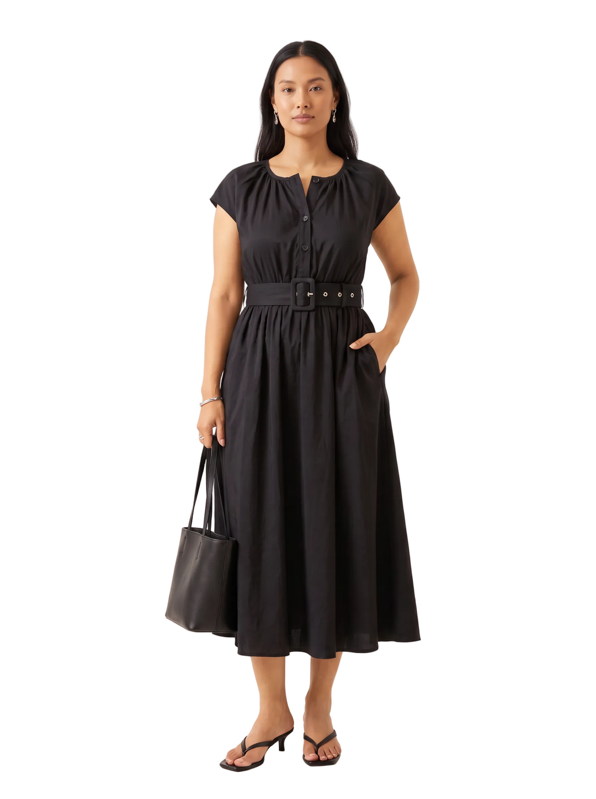 Belted Gathered Midi Dress, Black