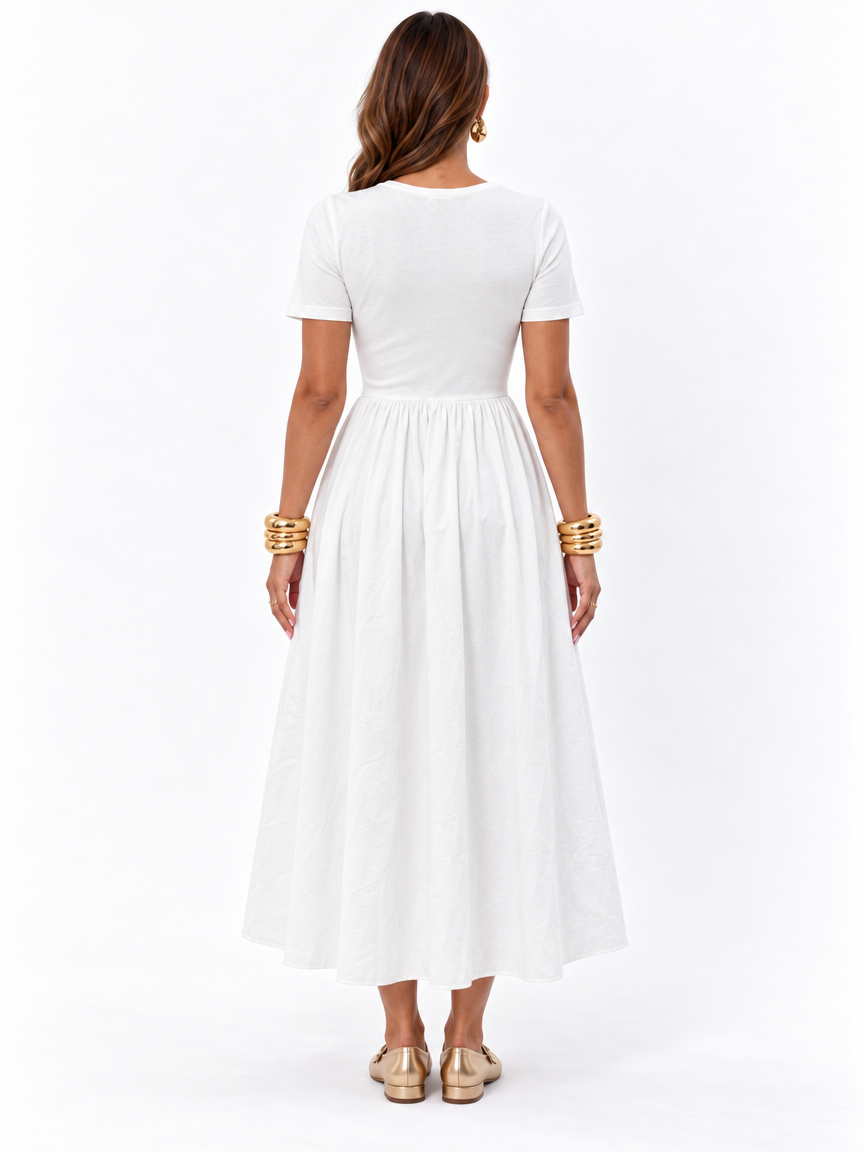 Buckle-Neck Gathered Long Dress — White