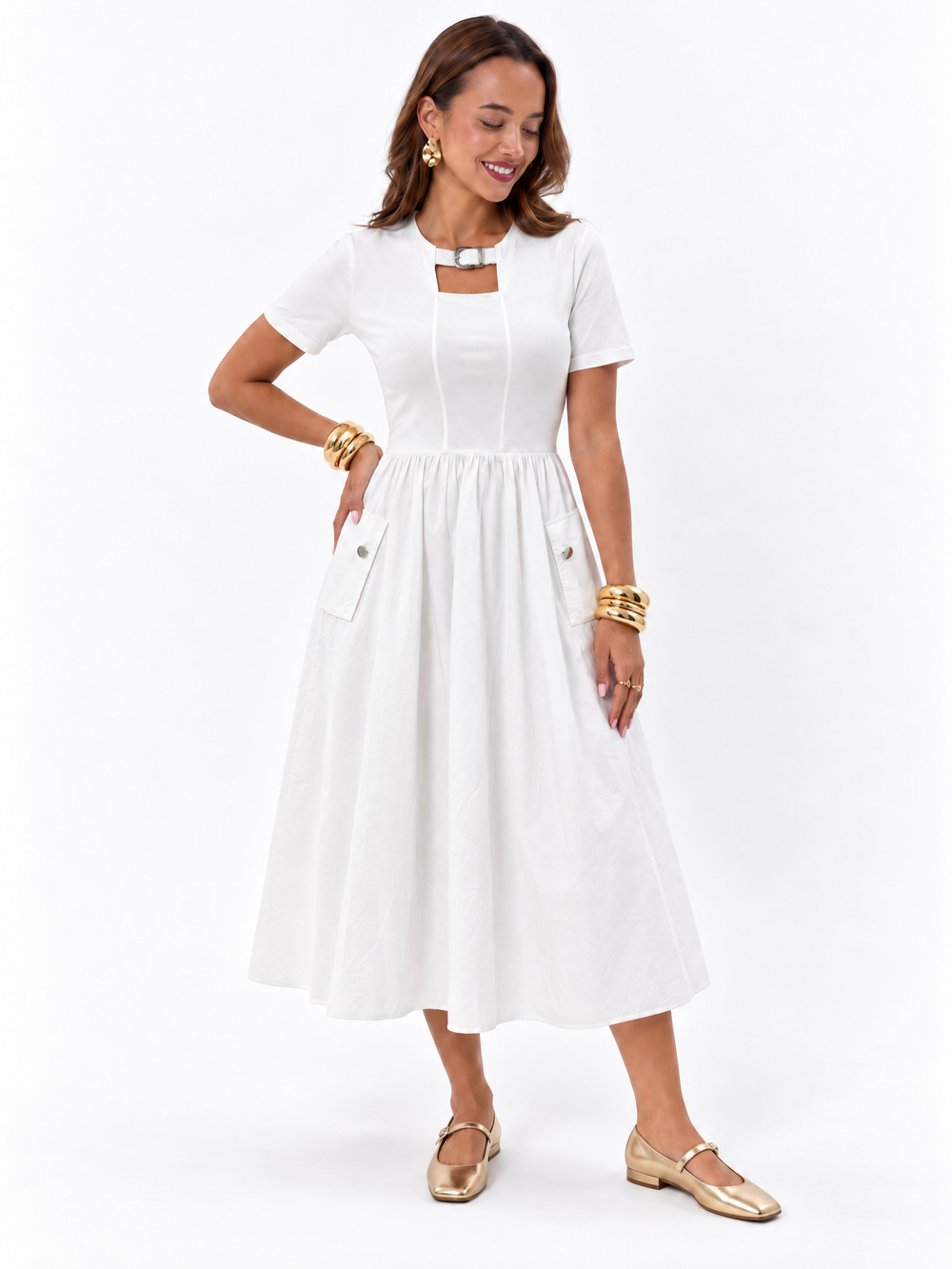 Buckle-Neck Gathered Long Dress — White