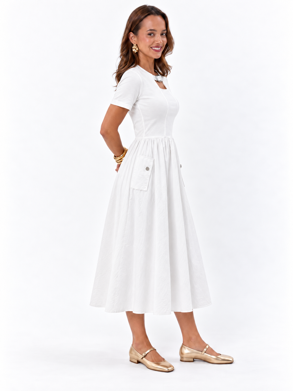 Buckle-Neck Gathered Long Dress — White
