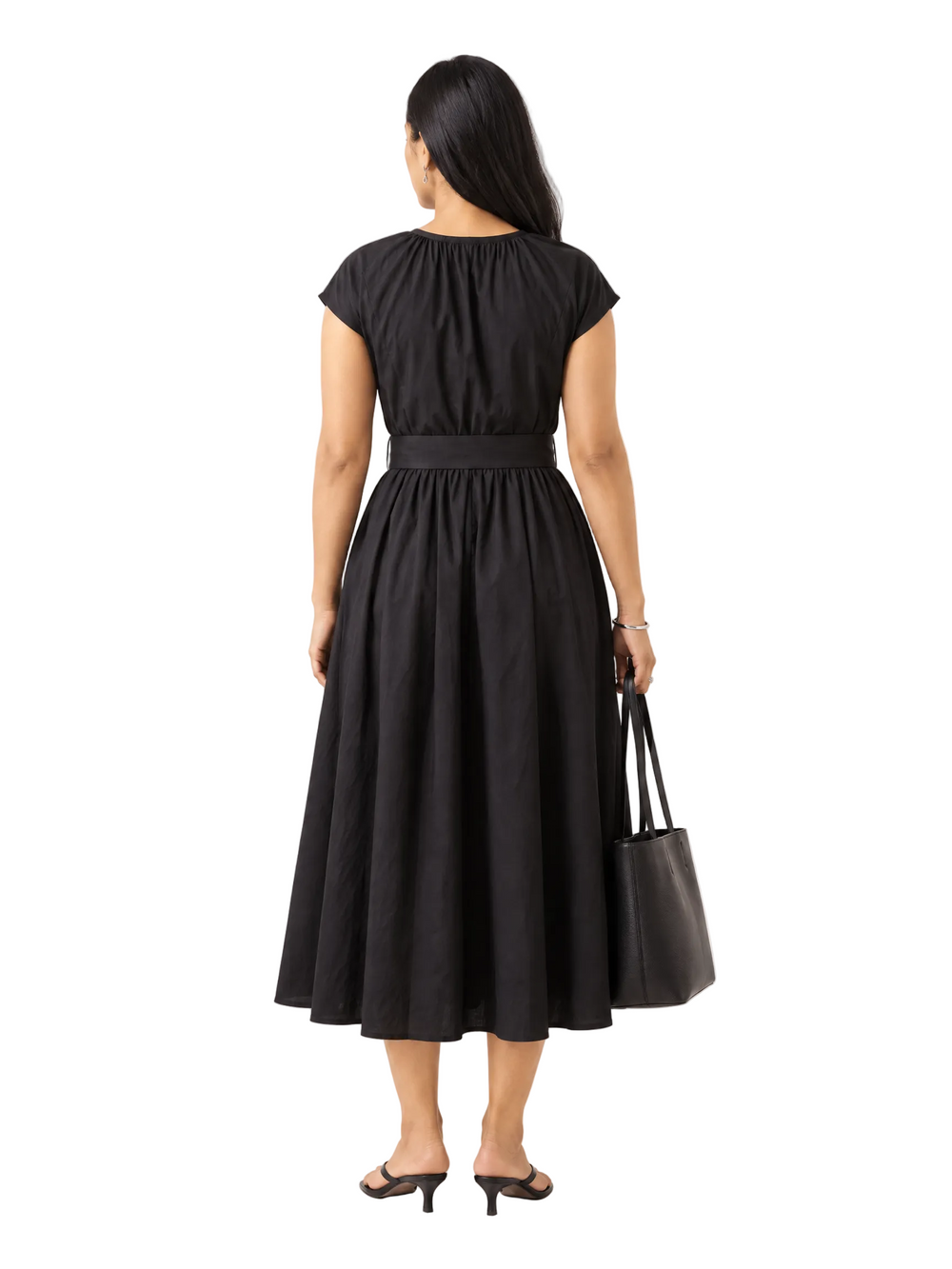 Belted Gathered Midi Dress, Black
