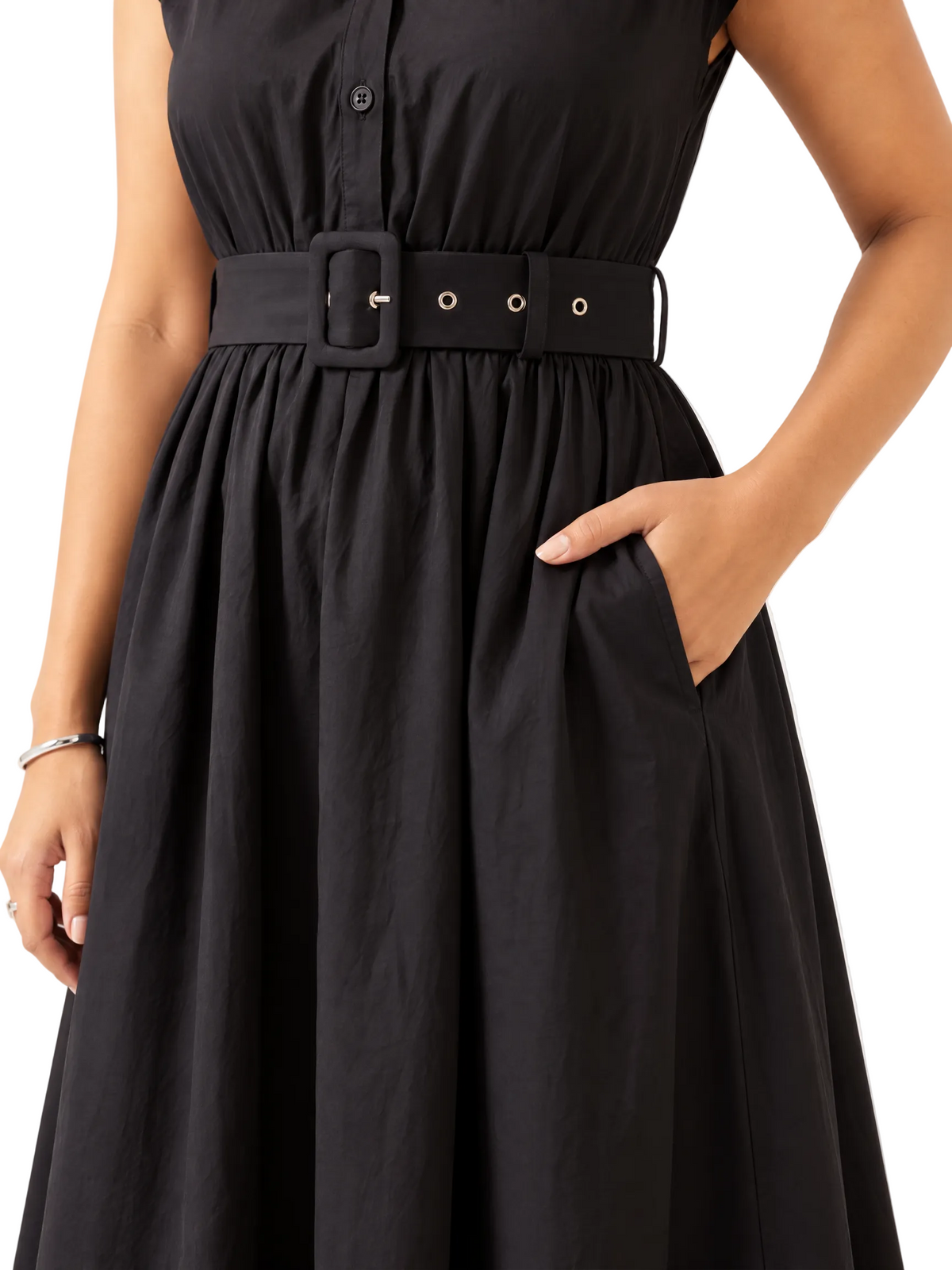 Belted Gathered Midi Dress, Black