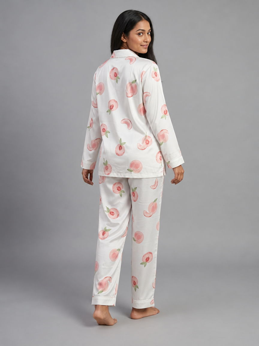 Peach-Print Relaxed Pajama Set, White