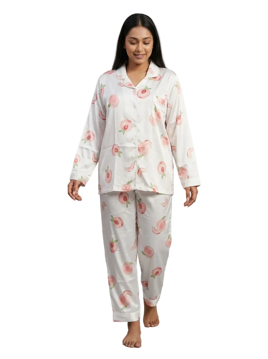 Peach-Print Relaxed Pajama Set, White
