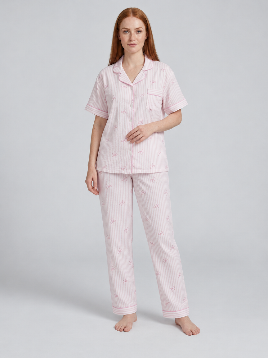 Pink Bow & Stripe Three-Piece Pajama Set