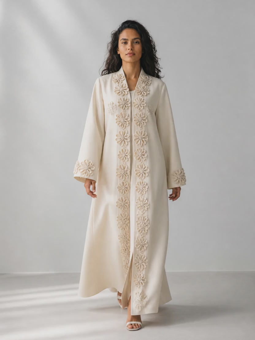 Video of the ivory flower appliqué abaya with sheila in movement