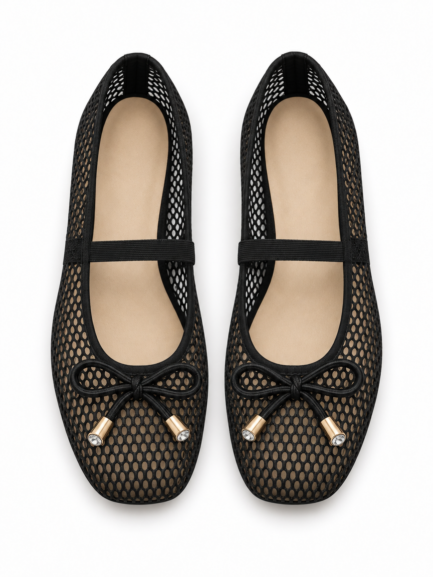 Mesh Bow Mary Jane Ballet Flats — Black