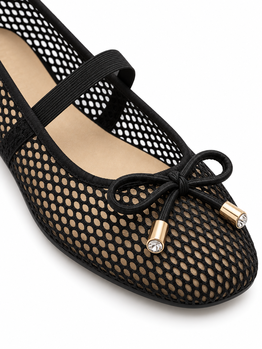 Mesh Bow Mary Jane Ballet Flats — Black