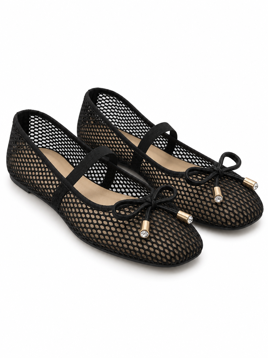 Mesh Bow Mary Jane Ballet Flats — Black