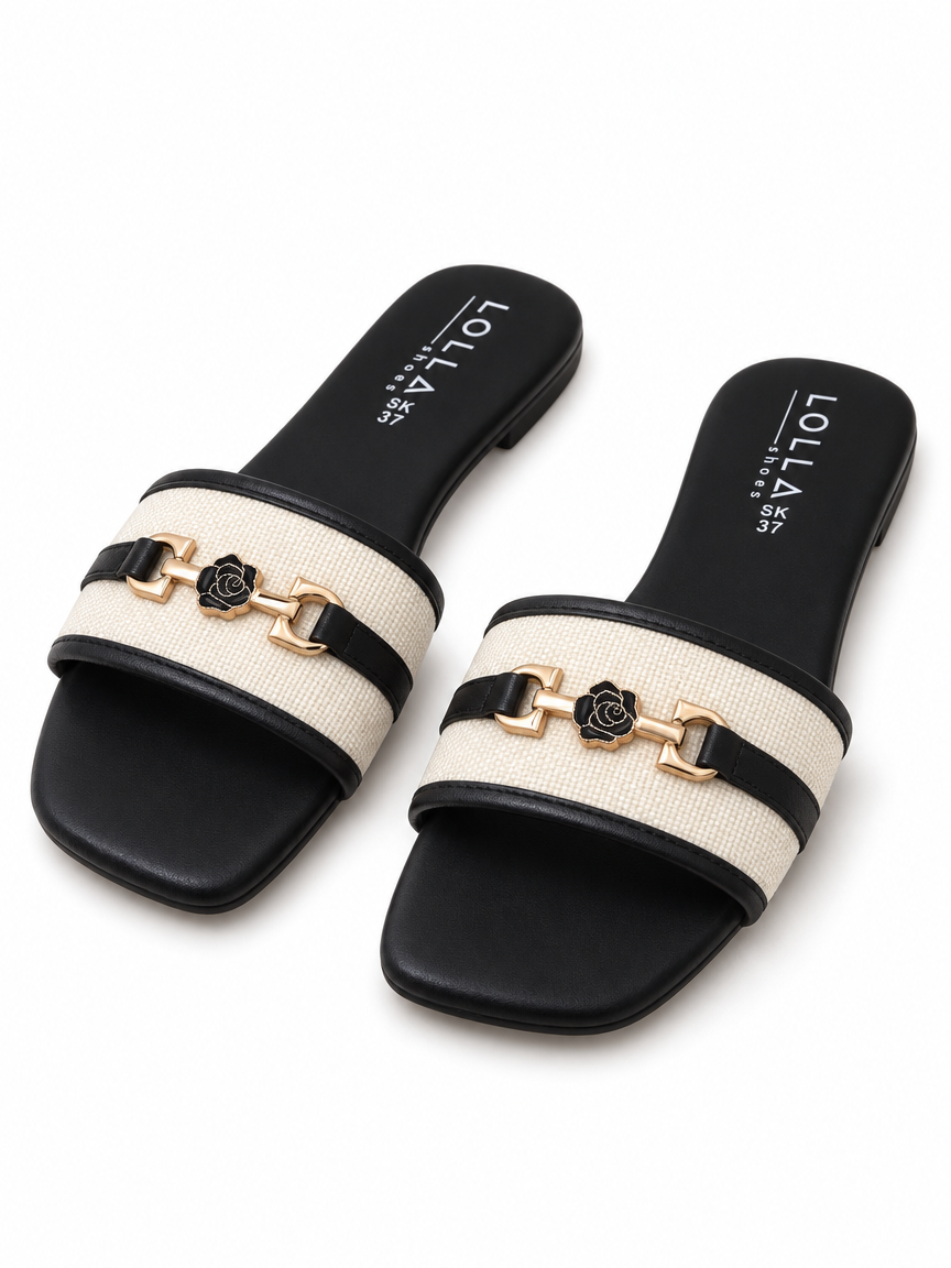 Flower-Detail Woven Slide Sandals — Ivory & Black
