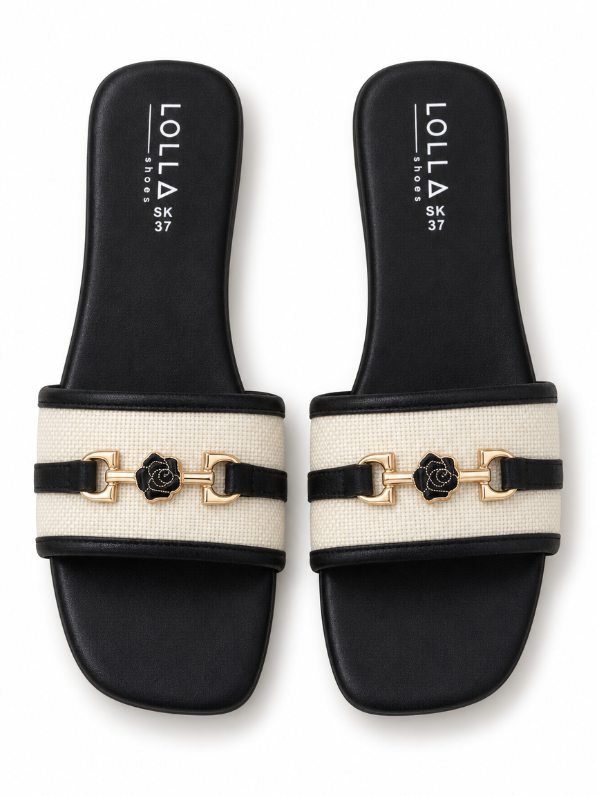 Flower-Detail Woven Slide Sandals — Ivory & Black