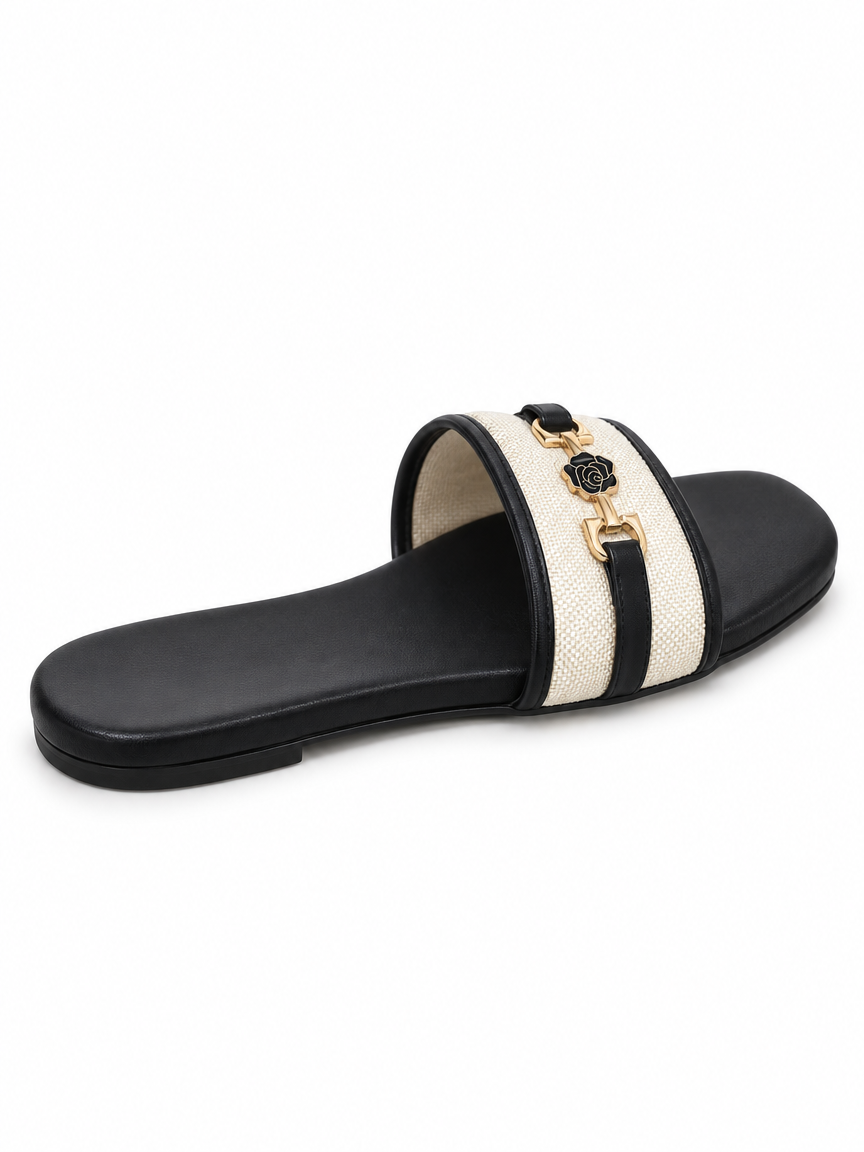 Flower-Detail Woven Slide Sandals — Ivory & Black